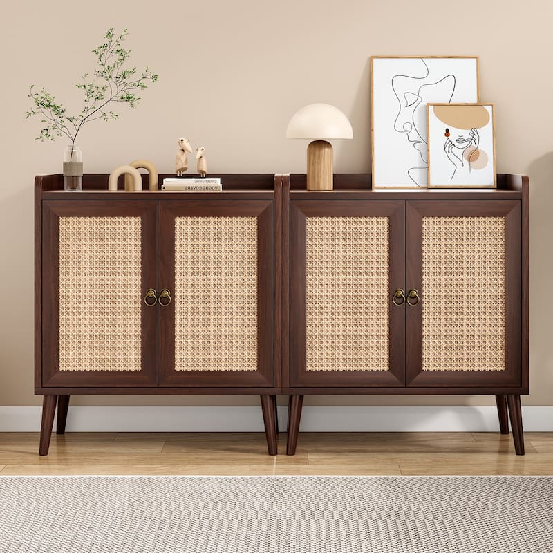 Sideboard Buffet Cabinet with Storage, Bar Liquor Cabinet with Rattan Decorated Doors, Credenza Console Tablefor Dining Room