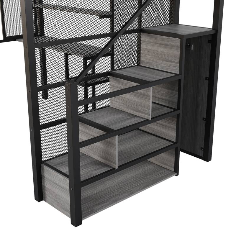 Black Full Size Metal Loft Bed with Wardrobe, Desk, and Storage Shelves