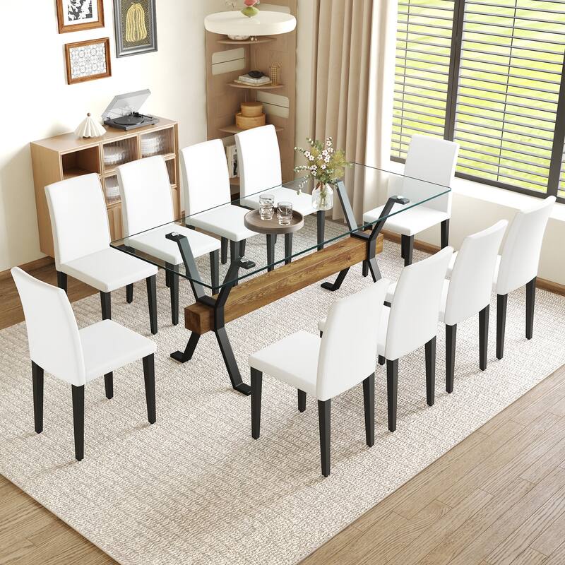 79" Dining Table Set for 10, Tempered Glass Kitchen & Dining Table with 10 Dining Chairs, Modern 11 Piece Family Dining Set - White Black PU Chairs