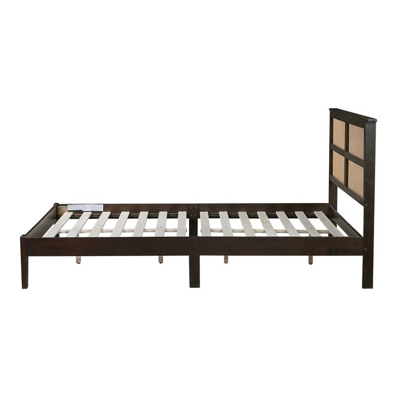 Queen Size Solid Wood Platform Bed with Rattan Headboard, Support Feet