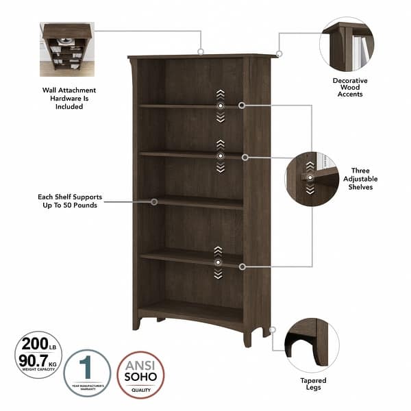dimension image slide 1 of 7, Bush Furniture Salinas Tall 5 Shelf Bookcase with Adjustable Shelves