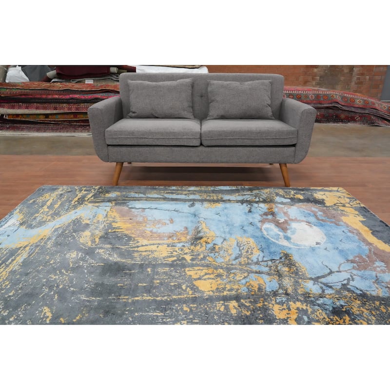 Hand Knotted Oriental Viscose Silk Carpet Modern Pictorial Navy Blue & Blues Abstract Area Rug - 7' 8'' X 5' 8''
