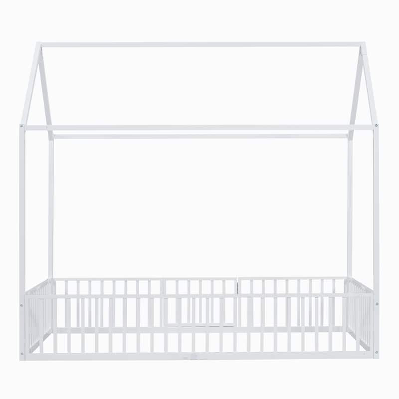 White Twin Size Metal House Bed with Fence, Roof, and Door for Kids