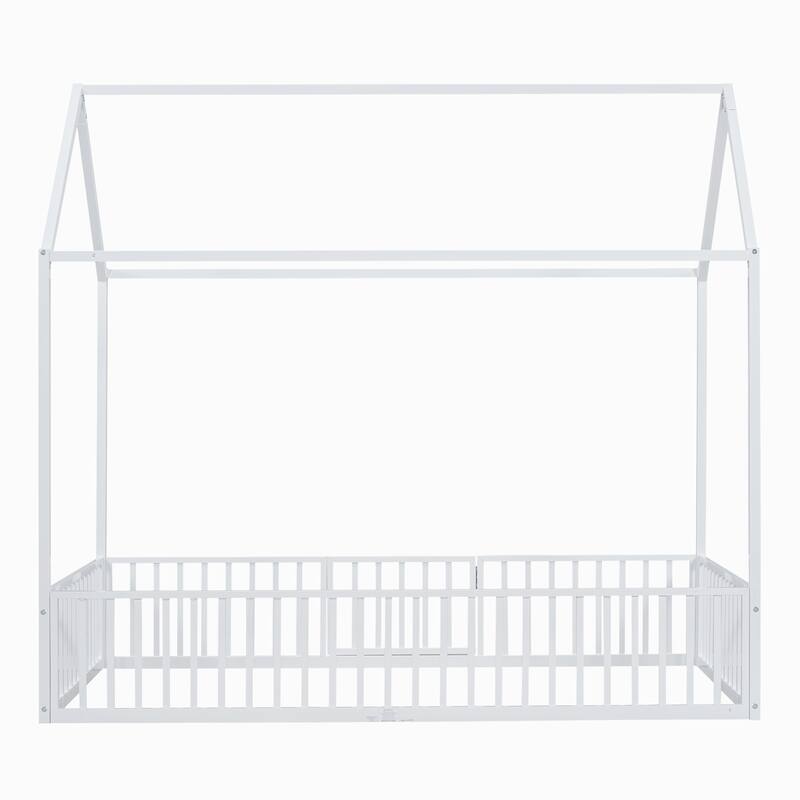 White Twin Size Metal House Bed with Fence and Play Door for Kids