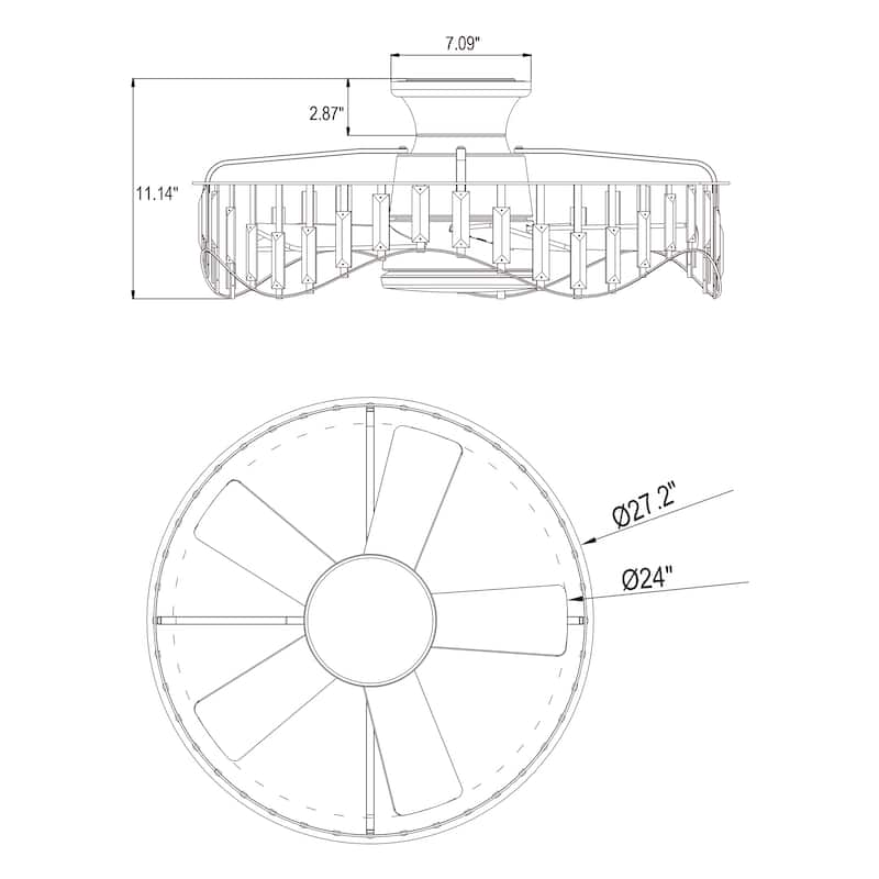 27" Modern Flush Mount Ceiling Fan Caged Crystal Fandelier Low Profile Ceiling Fan in Brushed Nicke