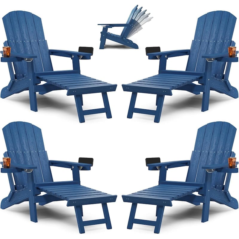 WINSOON All Weather HIPS Folding Adirondack Chair 5-Gear Adjustable Backrest Chairs with Retractable Ottoman Set of 4 - Navy Blue