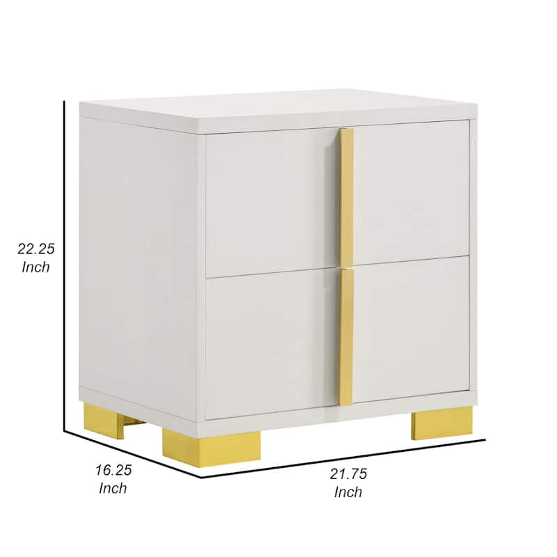 Dex 22 Inch Nightstand, 2 Drawers with Long Vertical Gold Handles, White