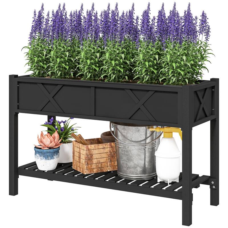 Wood 2-Tier Raised Planter with Shelf for Easy Gardening - 47.2" W x 21.7" D x 31.5" H - Black