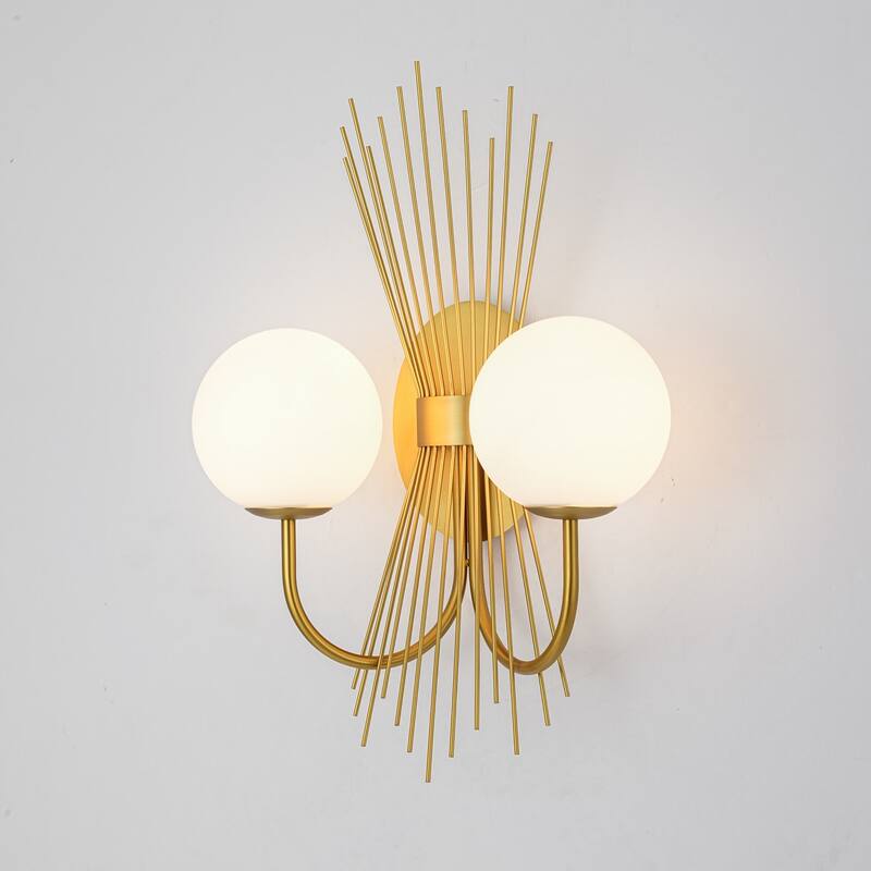 18.9" W 2-Light Mid-Century Modern Brushed Gold Sunburst Sputnik Wall Sconce with Milk Glass Globes