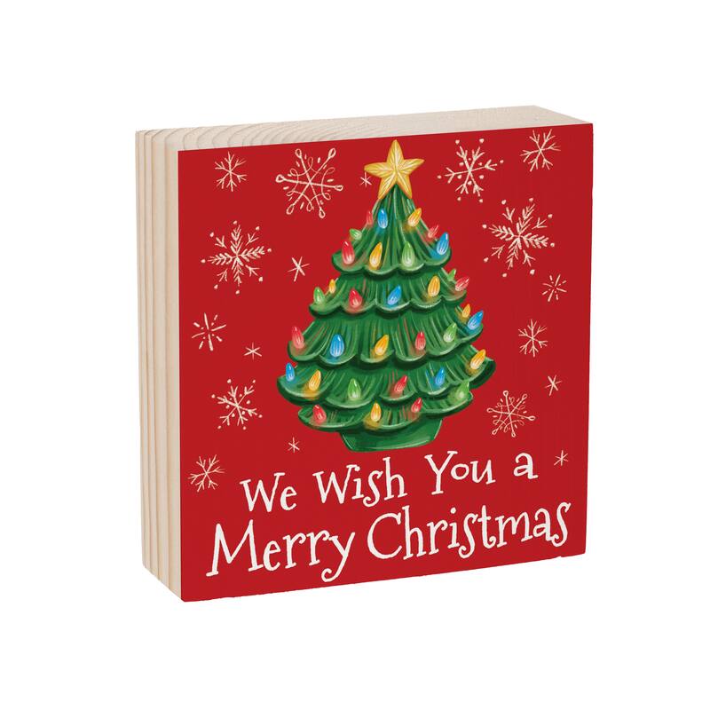Nostalgia Christmas Tree Sign Wood Block - "We Wish You A Merry Christmas" - 6" x 6" - Multicolor