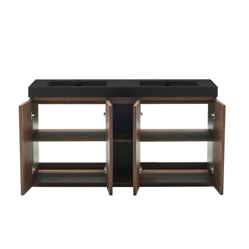 GDFStudio - Galan 60" Freestanding Bathroom Vanity with Quartz Sink, Solf Close Doors, Open Storage Shelf, NO Drain & Faucet