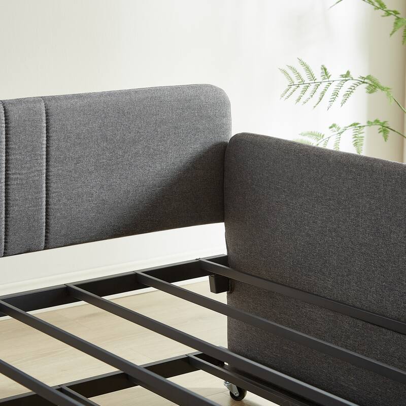 Grey Metal Daybed with Trundle, Twin Size, Space-Saving Design