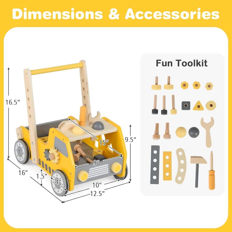 Baby Push Walker Wooden Toy Tool Bench & Car Walker w/Shape Sorter - Yellow + Gray