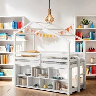 Roof Frame Shaped Bunk Bed for Kids with Storage Cells and Stairs