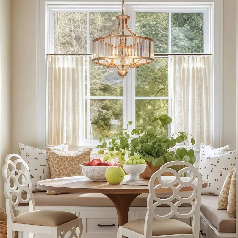 Modern Gold 3-Light Crystal Drum Chandelier for Kitchen Nook Bedroom - D 18" x H 18.5"