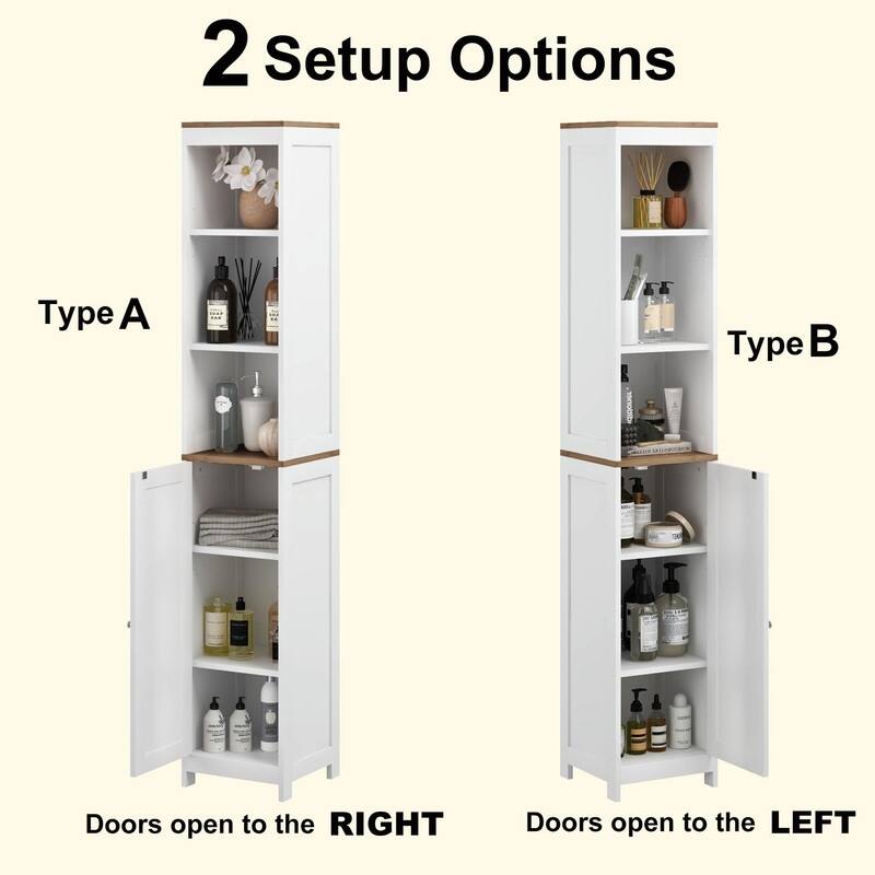 Tall Bathroom Storage Cabinet with Reversible Door, Freestanding Narrow Linen Tower with Open Shelves and Enclosed Cabinet