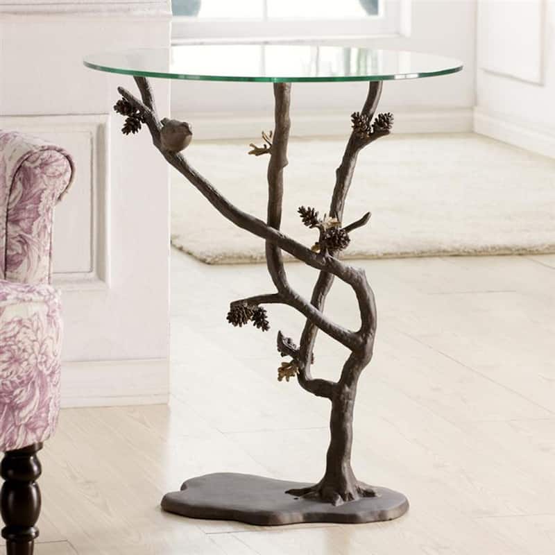 Glass Top Bird And Pinecone Metal End Table - 26 X 22 X 22 inches