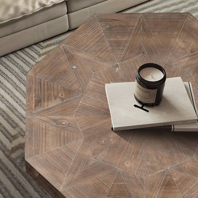 30" Octagonal Wood Coffee Table with Cross Metal Base, Farmhouse Vintage Style