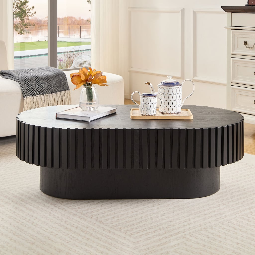 Drum Coffee Table Oval Center Table for Living Room Bedroom, Rustic End Table Sofa Table Black Side Table