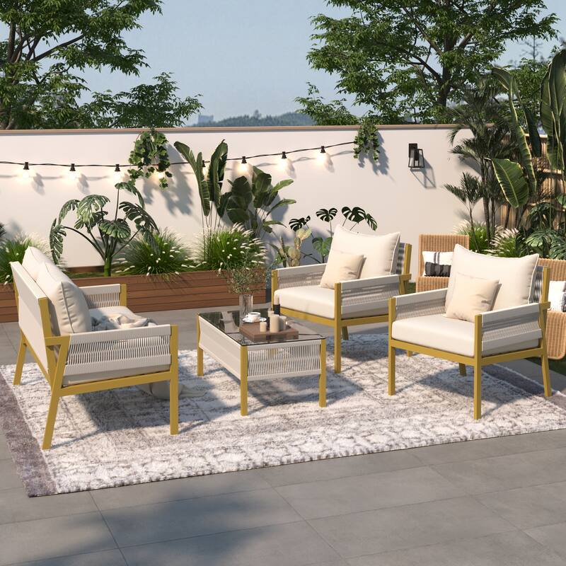 4-Piece Metal Rope Patio Conversation Set with Tempered Glass Table and Cushions
