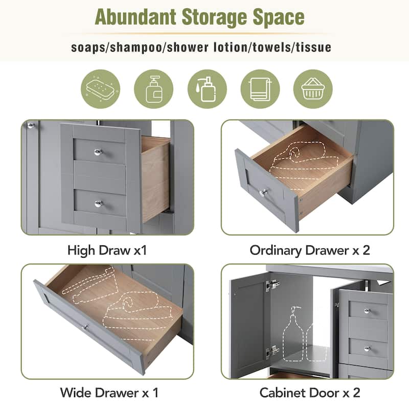 36" Shaker Style Free-Standing Bathroom Vanity Cabinet with Sink, 4 Soft-close Drawers and 2 Soft-close doors