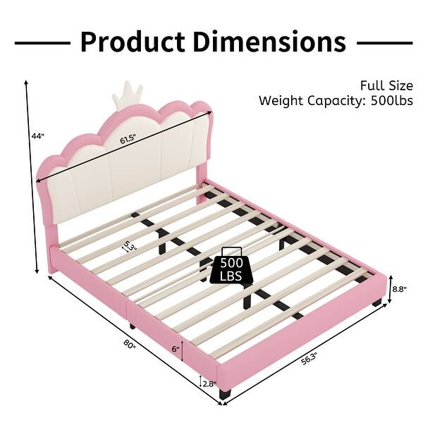 dimension image slide 2 of 4, Cute Girl Princess Bed with Crown Headboard, PU Upholstered Platform Bed, Wood Panel Bed Low Profile Bed