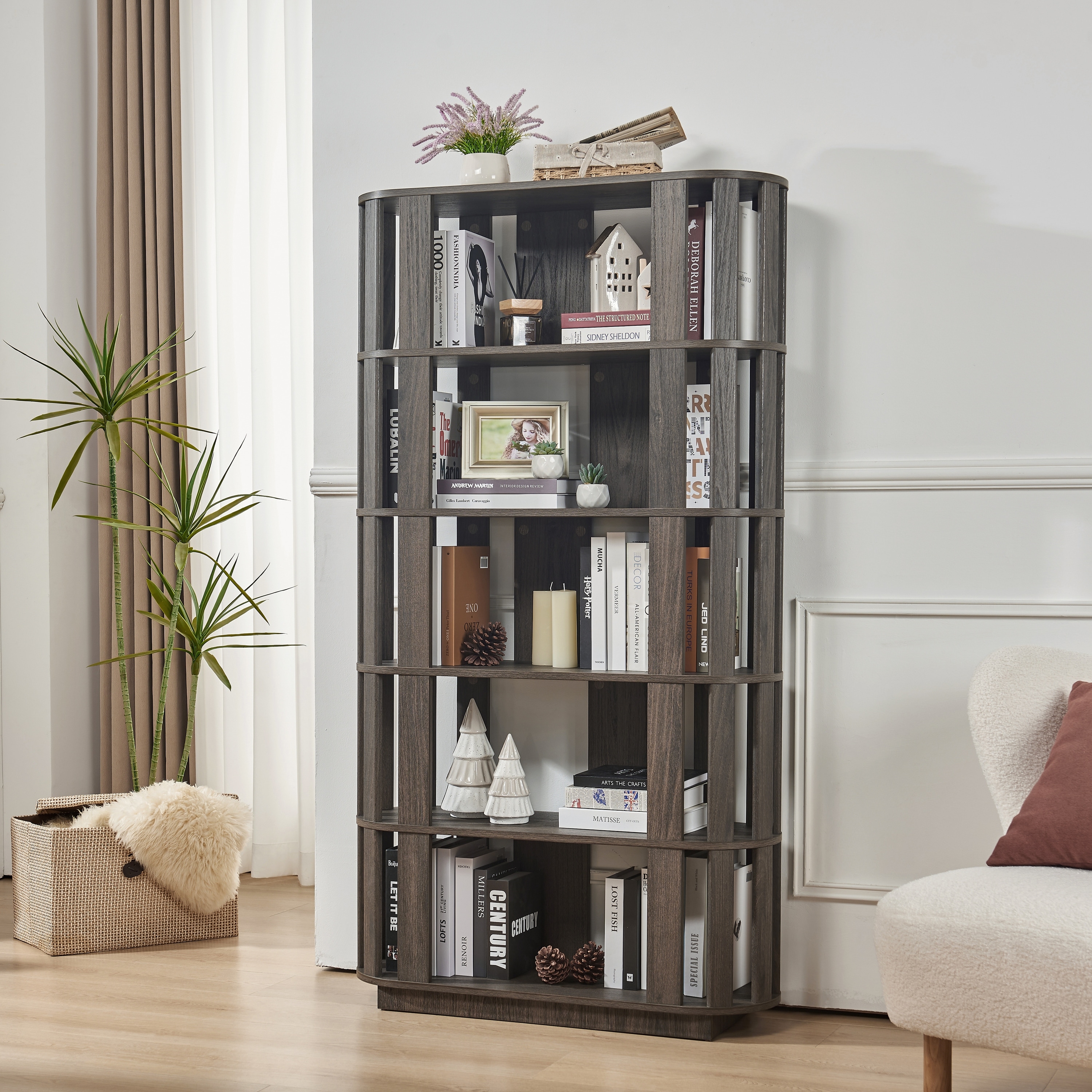 Brookhaven Bookcase MDF Wood with Oval Open Shelving Design and Freestanding Display Storage by GDFStudio