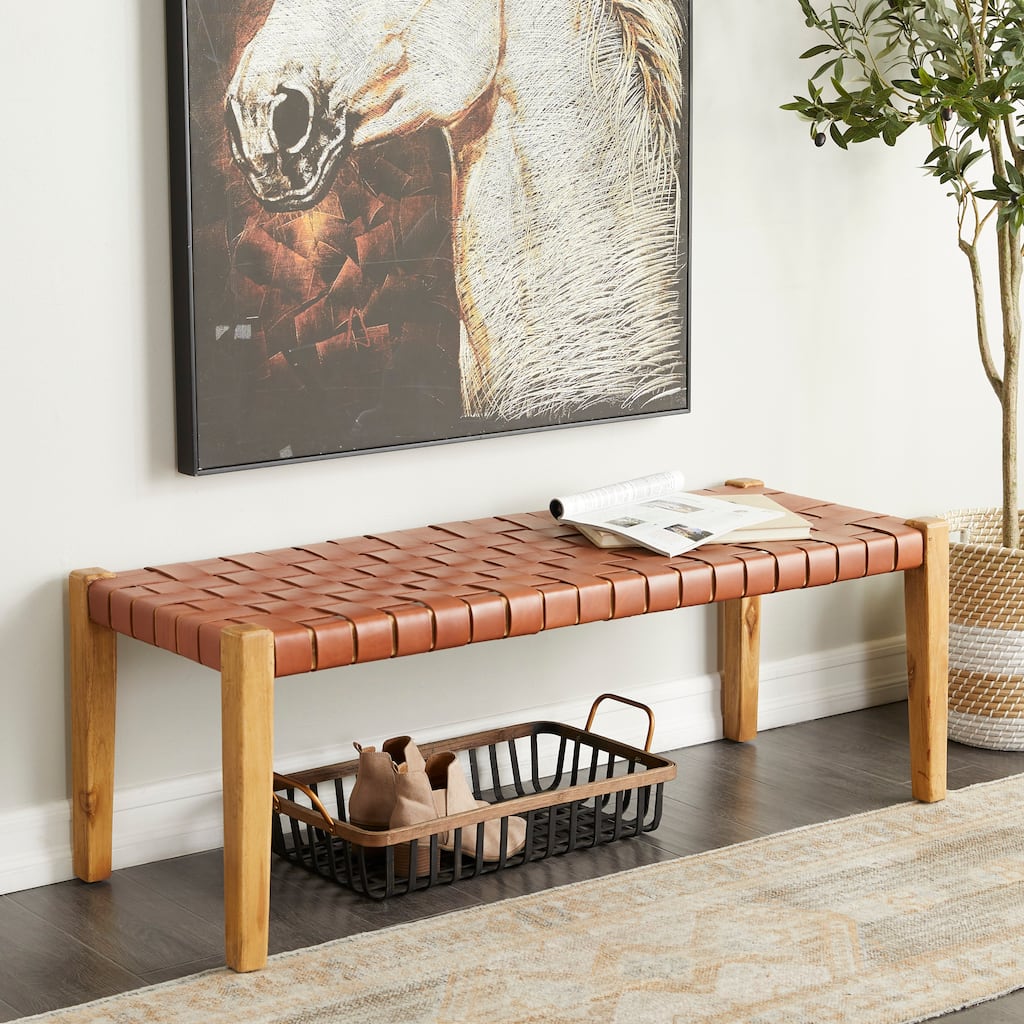 Black or Brown Leather Handmade Woven Seat Bench - 47 x 18 x 17
