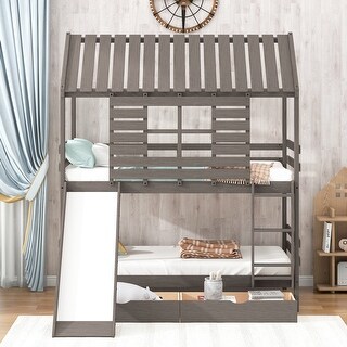 Twin over Twin Size House Bunk Bed with Convertible Slide and Two ...