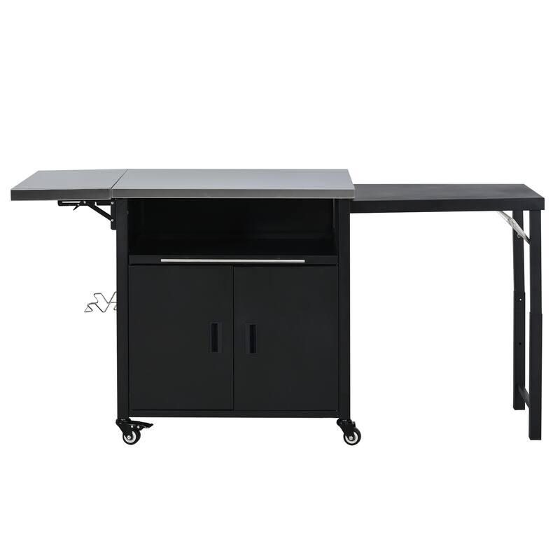 Foldable Outdoor Prep Station BBQ Cart, Kitchen Island Grill Cart with Trash Rack and Storage Space