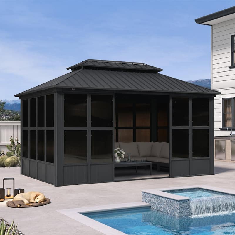 PURPLE LEAF Double Top Sunroom Outdoor Grey All-Weather Screen House Patio Hardtop Gazebo - 10' x 15' - Sunroom