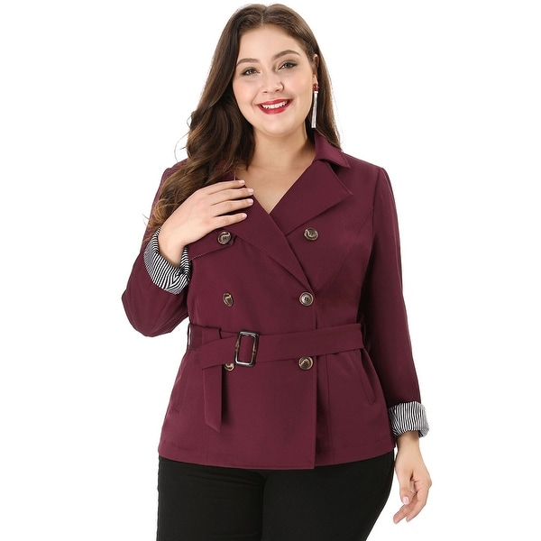 Women's Plus Size Lapel Blazer Double-Breasted Belted Trench Coat - Red. Opens flyout.