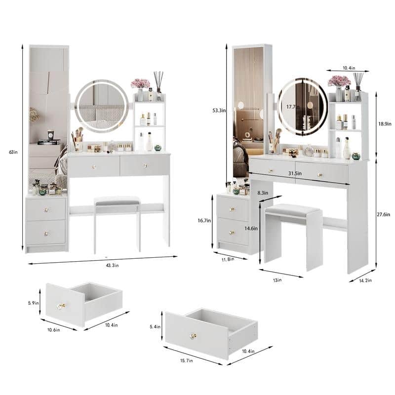Vanity Dresser with Mirror and Stool Set Storage Drawers Luxury Furniture