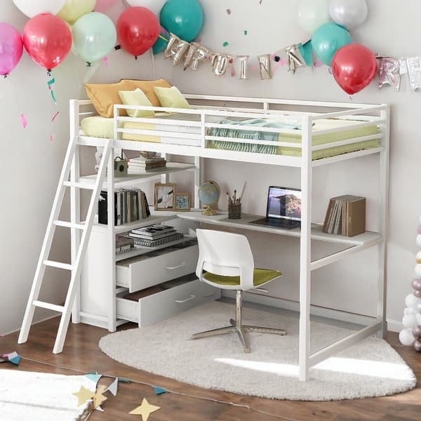 slide 2 of 27, Modern Twin Size Loft Bed With Desk and Shelves,Two Built-in Drawers for Bedroom