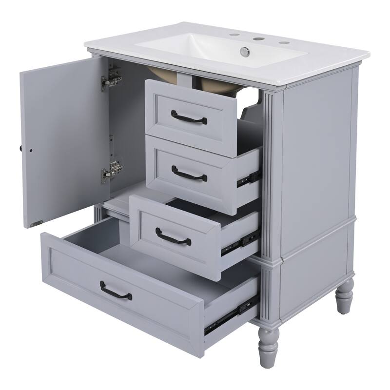 30" Bathroom Vanity wCeramic Sink, Cushioning Door & Drawers, Solid Wood Legs & MDF Board, Adiustable Foot Pads Bathroom Cabinet