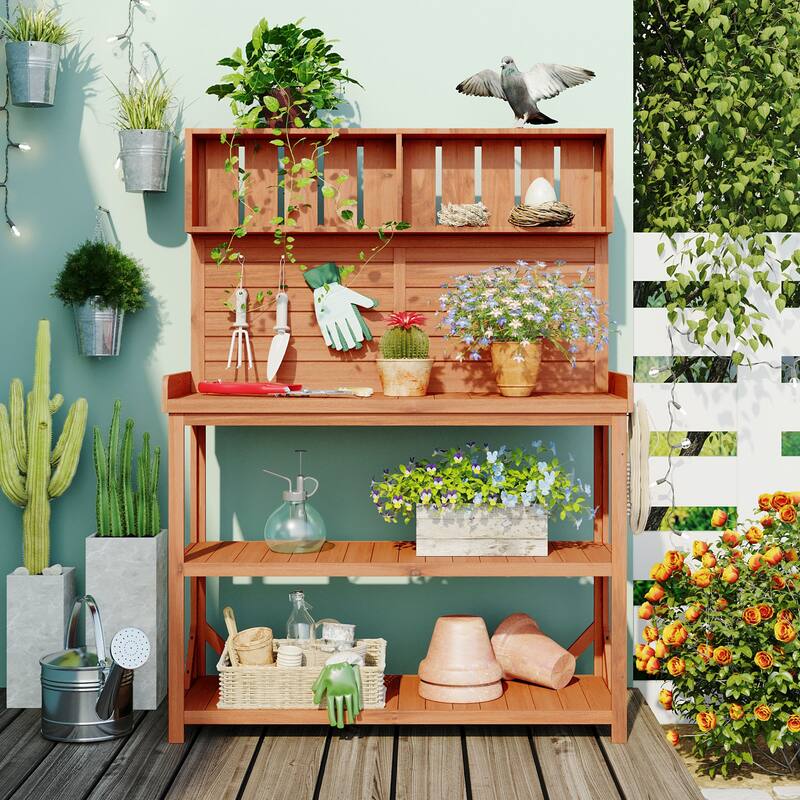 65" Large Wooden Rustic Outdoor Potting Bench Table, Patio Workstation,Garden Potting Bench with 4 Storage Shelves，Side Hook