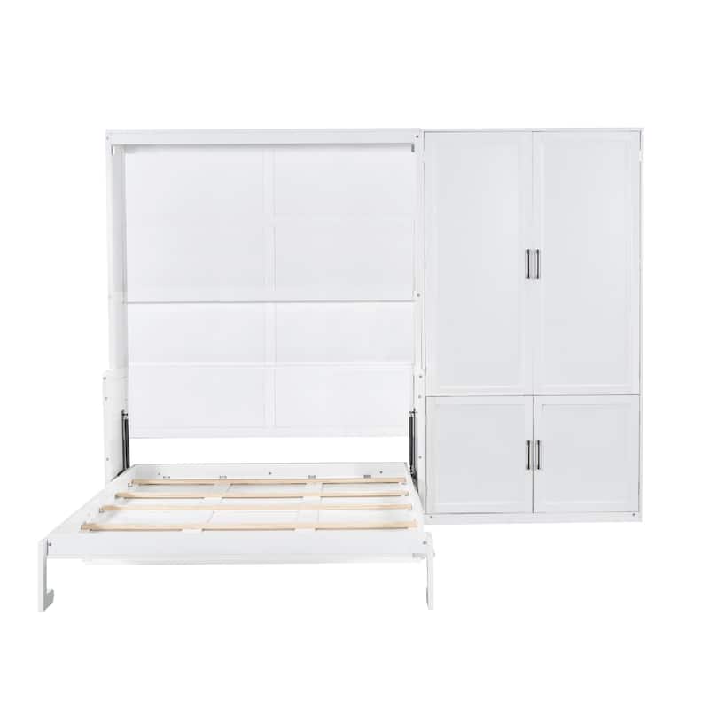 Space-Saving Queen Size Murphy Wall Bed with Built-In Closet and Hydraulic System, White/Gray