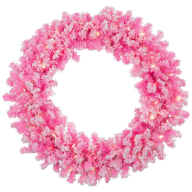 Pre-Lit Artificial Flocked Pine Christmas Wreath - 36" - Pink - Clear Lights