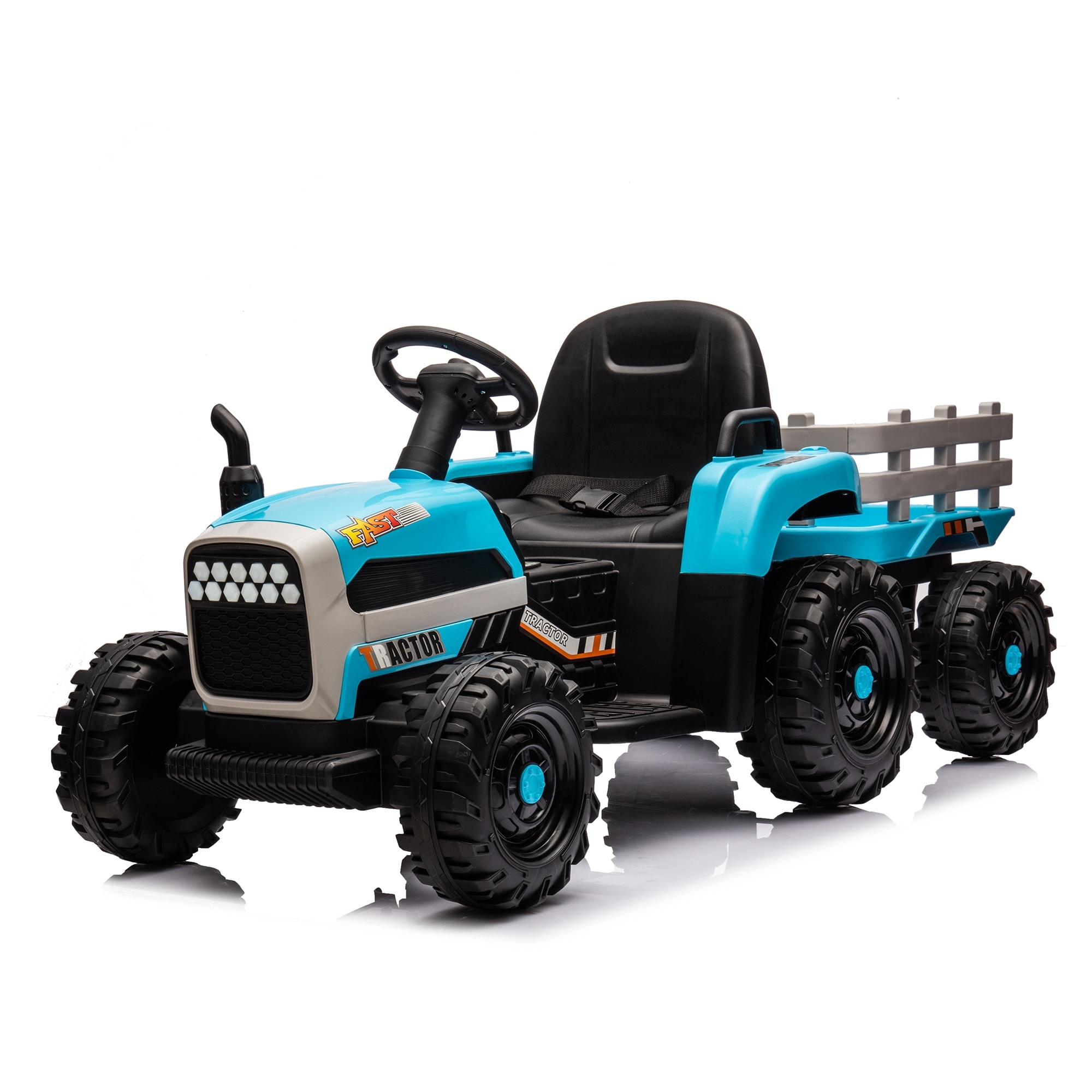 Ride on Tractor with Trailer, 24V Blue Battery Powered Electric Tractor Toy, Electric Vehicle for Kids with 3 Speeds