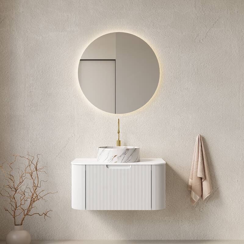24 Inch/30 Inch/36 Inch Wall-Mounted Bathroom Vanity Cabinet with Counter Top Sink, Round Ceramic Basin with Stone Pattern - White - 30 Inch