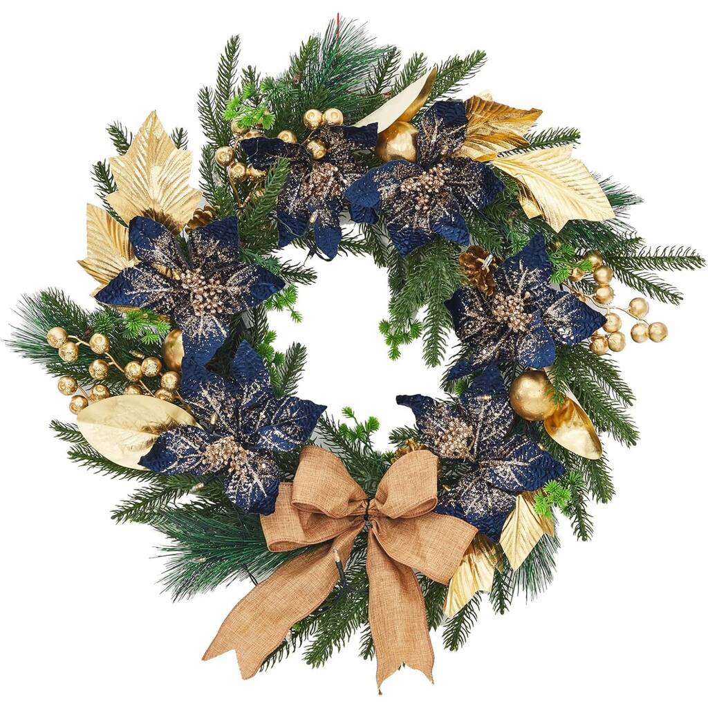 24 Inch Artificial Christmas Wreath with Blue Artificial Flowers