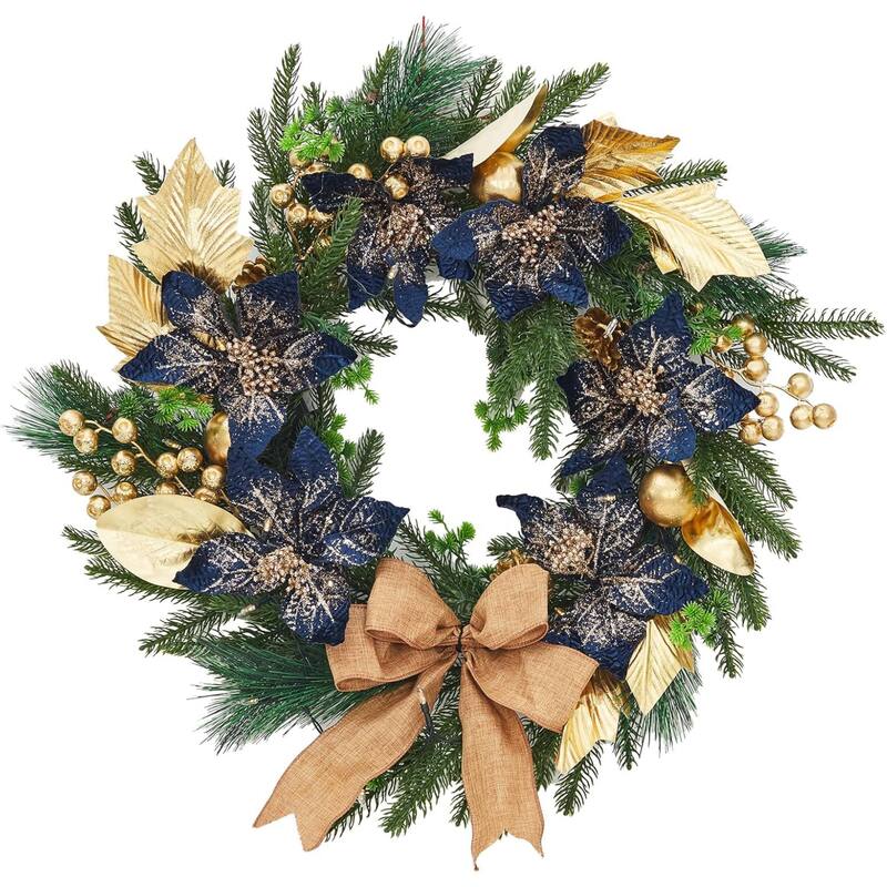 24 Inch Artificial Christmas Wreath with Blue Artificial Flowers - Multi