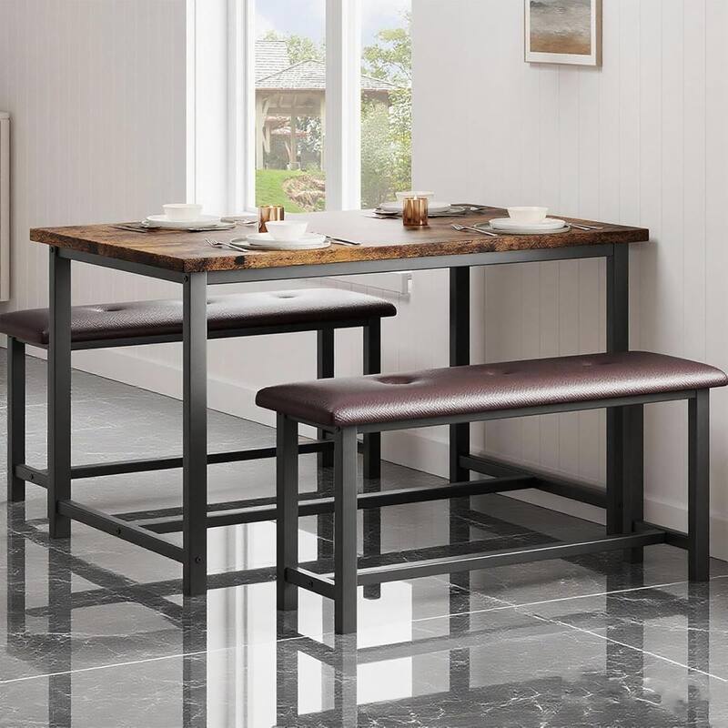 Kitchen Table with Benches, Dining Table Set for 4,Rectangular Dining Table Set for Small Space Apartment Studio - Brown