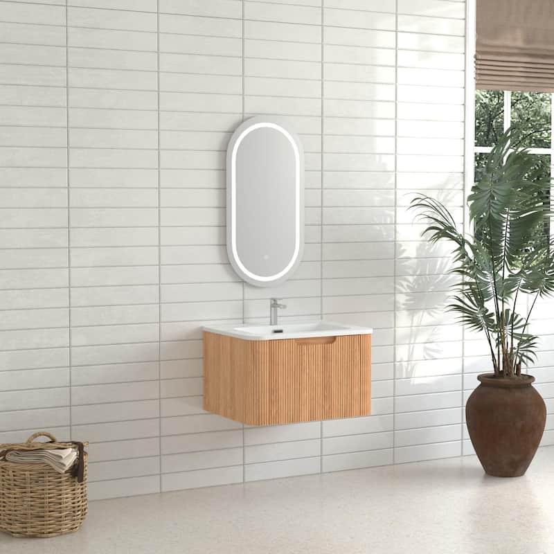 24" Wall-Mounted Floating Bathroom Vanity Pre-Assembled Curved Edge Storage Bathroom Cabinet with White Ceramic Basin