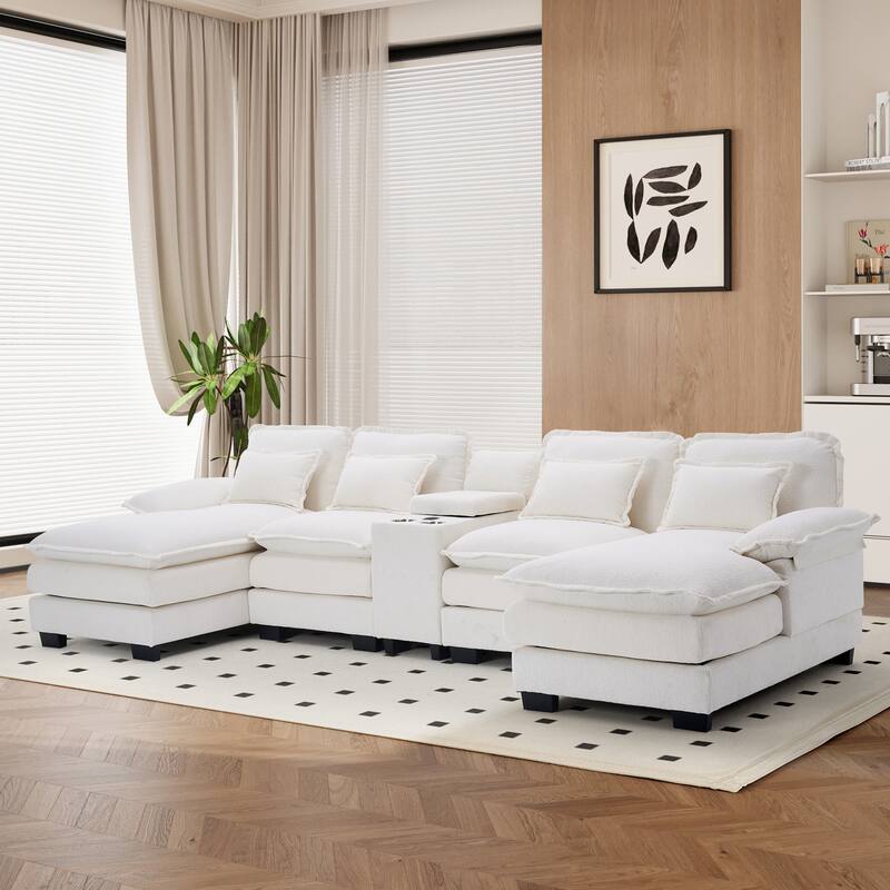 U-shaped Sectional Sofa Chenille Fabric Doudle Layer Cushion with USB Central Console