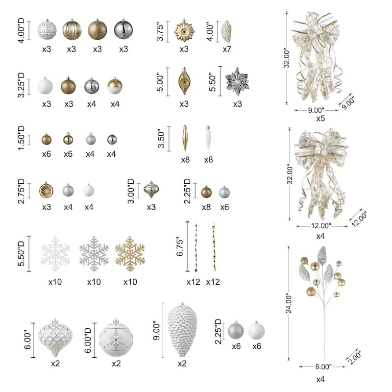 Glitzhome 191-Piece Glitter Ribbon Bow Gold Silver Ball Shatterproof Ornaments Xmas Tree Decor
