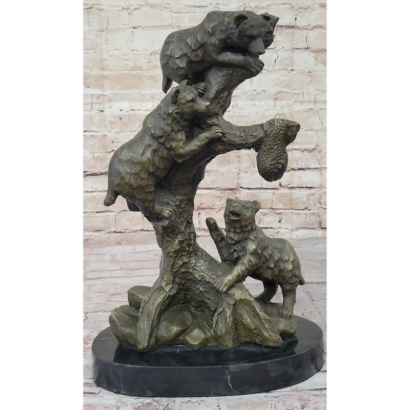 Bear Family Looking For Honey Bronze Statue Sculpture Art Decor Marble Base