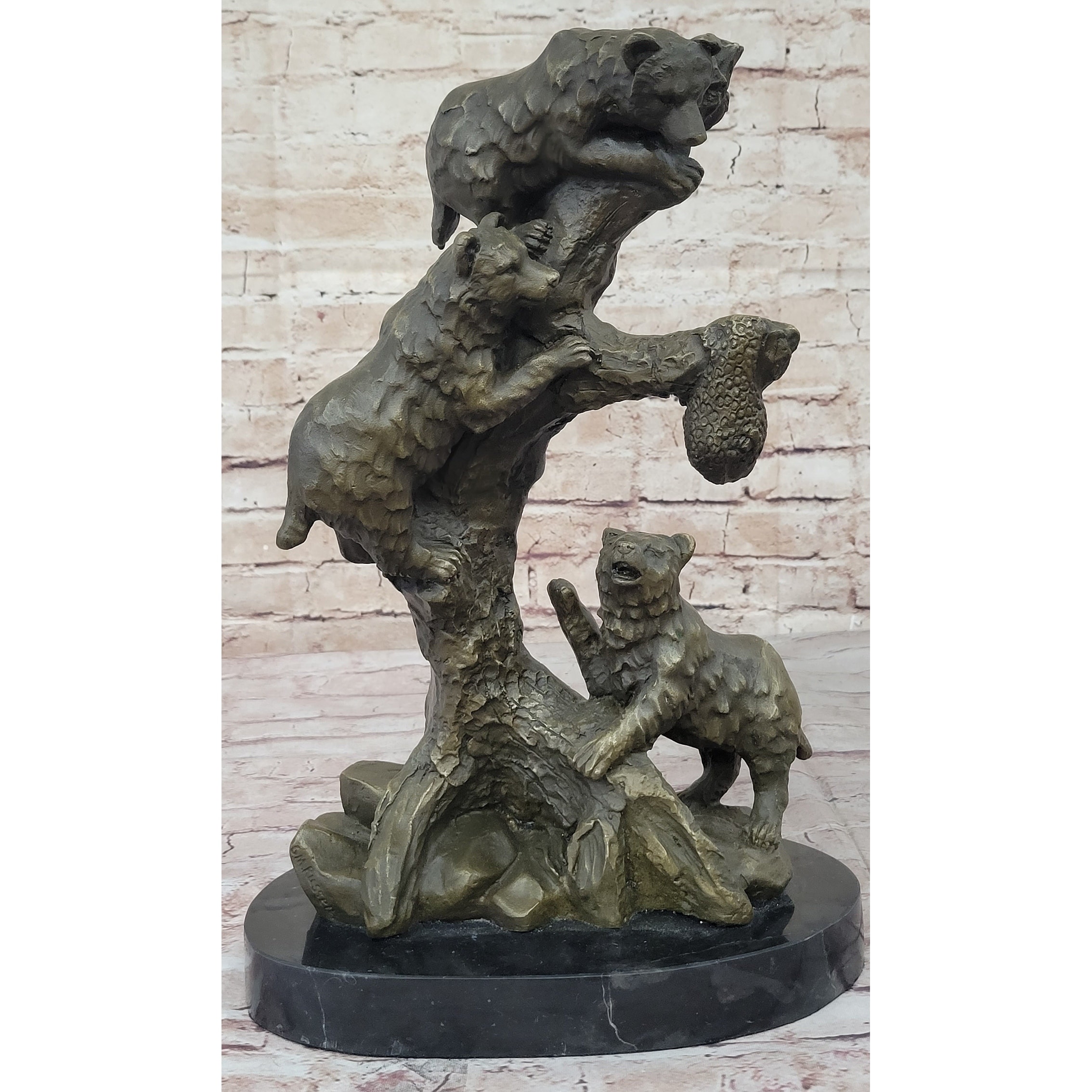 Bear Family Looking For Honey Bronze Statue Sculpture Art Decor Marble Base