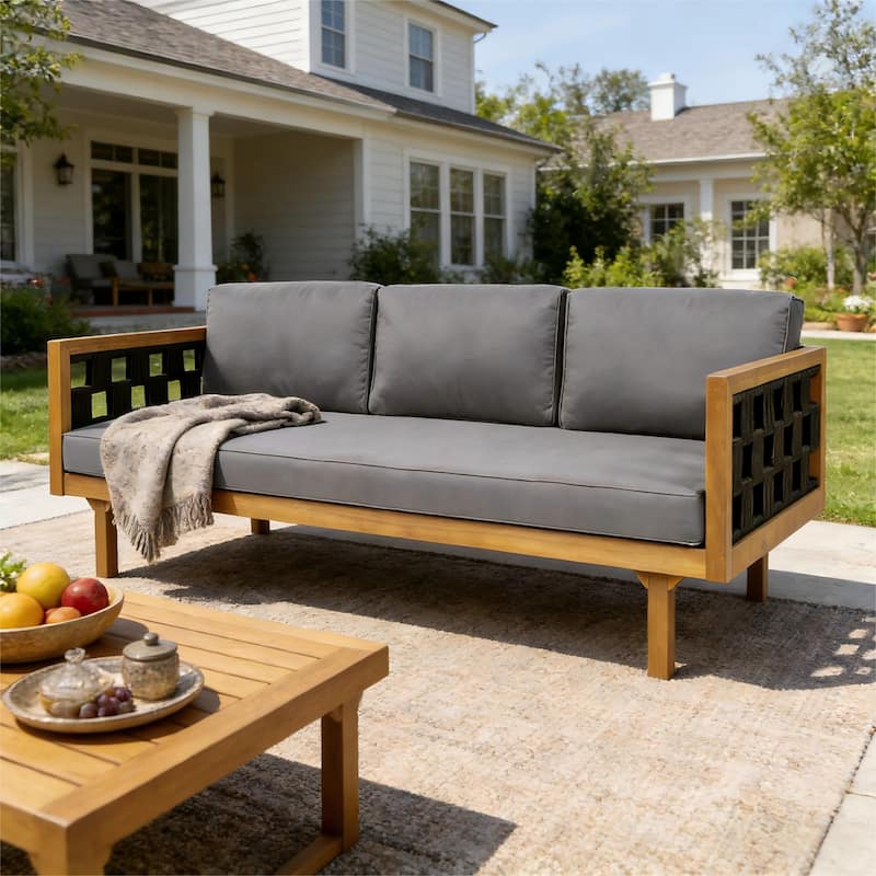 Christopher Knight Home - Modern Outdoor Patio Acacia Wood 3-Seater Daybed Sofa with Cushions, Rope Square Armrest & Teak Finish - Teak Finish+Dark Grey Cushion & Black rope