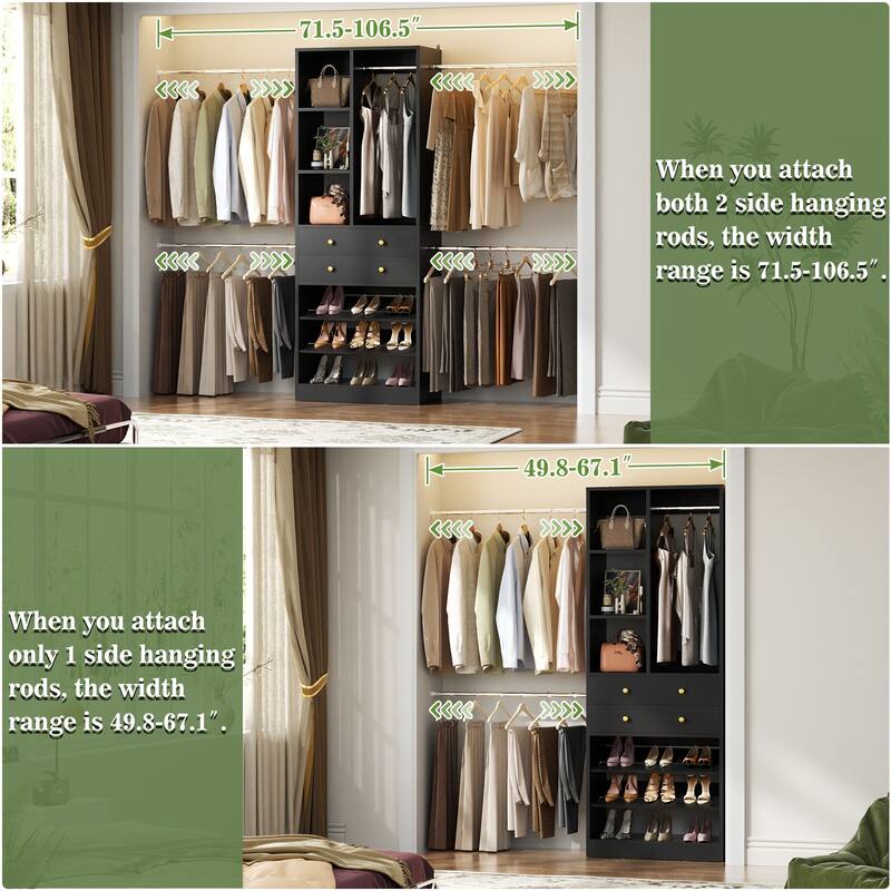 Closet Organizer with 5 Hanging Rods and 2 Drawers, Adjustable Closet System with Shelves and Shoe Rack